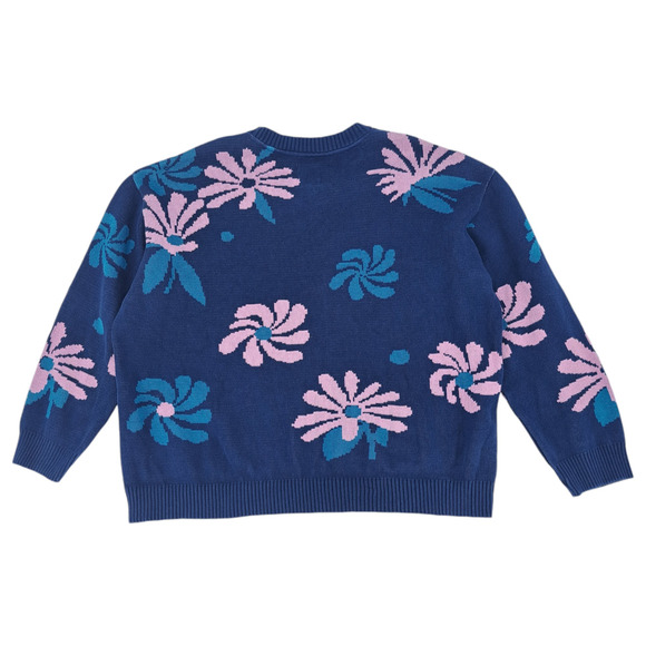 For Days Oversized Floral Crew Sweater 100% Cotton Navy Blue Women's Size XXL - Picture 2 of 3